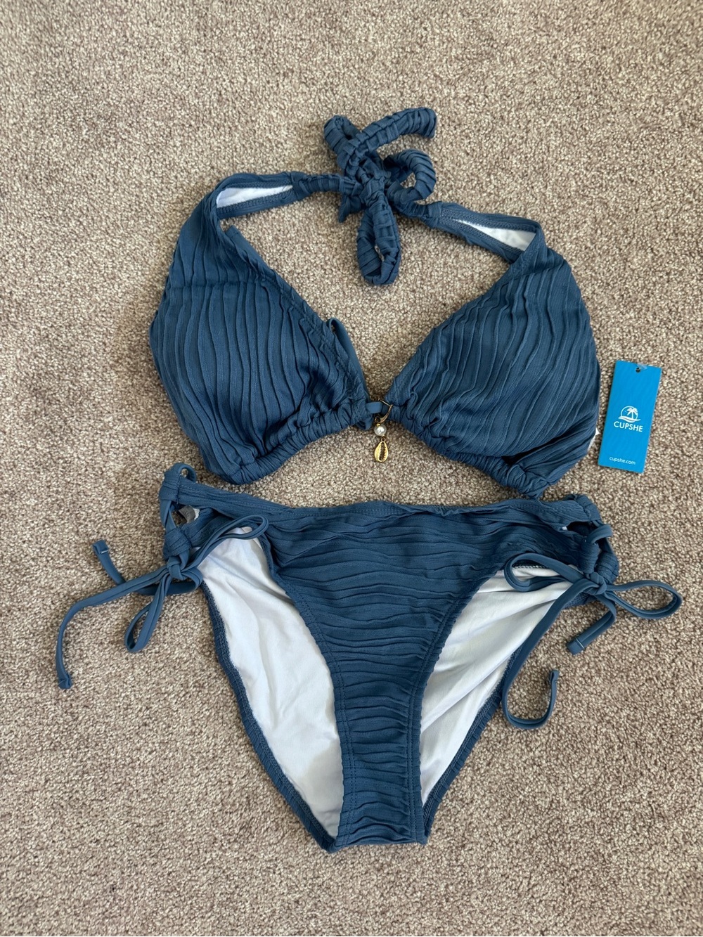 Cupshe Blue Textured Halter Bikini Set Size XL NWT Tie Side Swimsuit